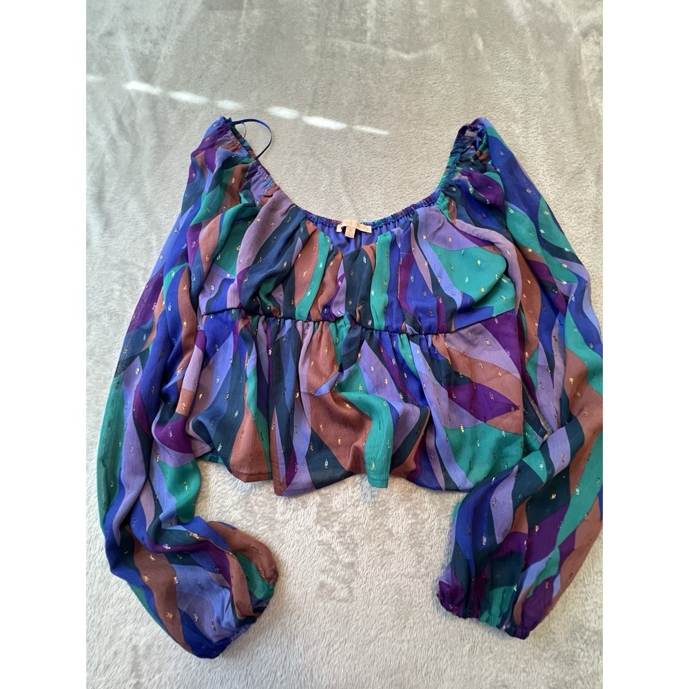 Evolutionary Womens Blouse L Multicolor Sheer Crop Metallic Boho Top